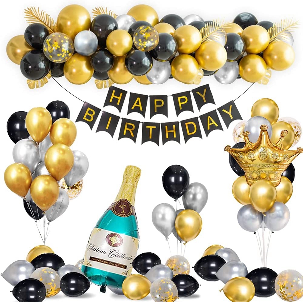 YANSION Luxury Birthday Party Decorations, Gold Metallic, Black Gold Silver  Confetti Balloons Supplies, Crown Beer Foil Balloons for 18th 21th 30th  40th 50th 60th Birthday Party 